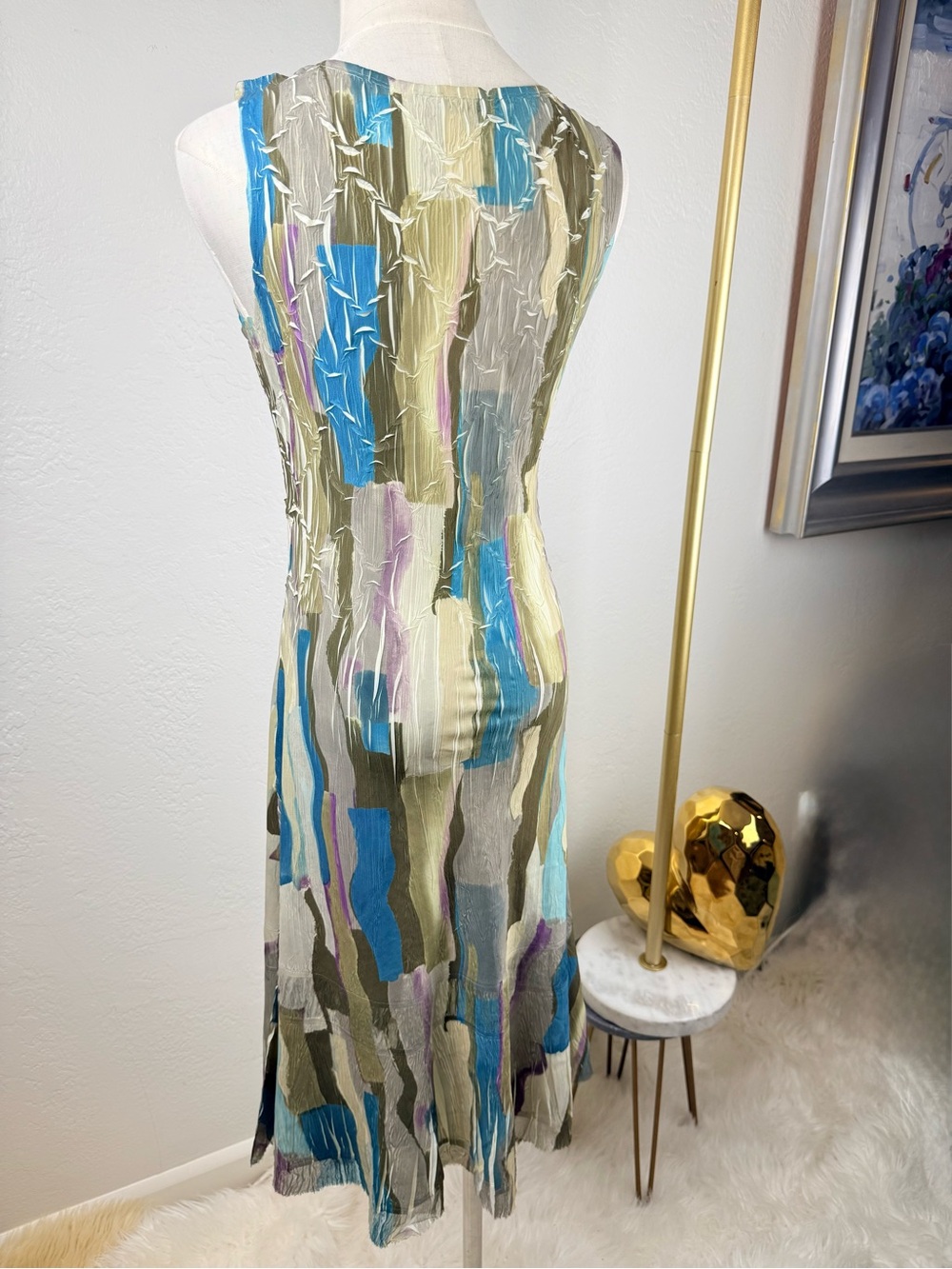 Komarov WhimsiGoth Hand Pleated Abstract Midi Dress Blue Green Purple S USA - Picture 3 of 14